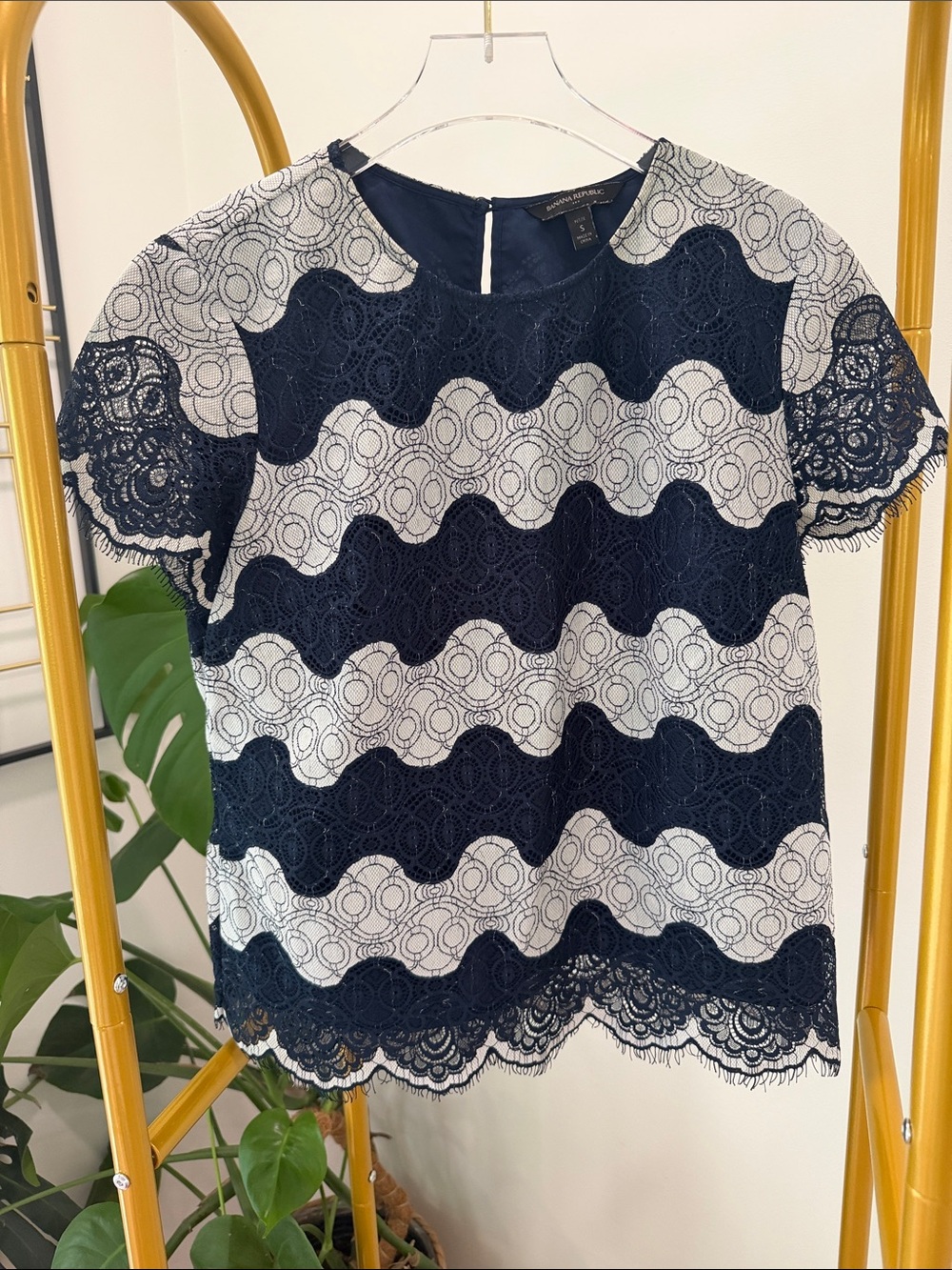 Banana Republic Navy and White Lace Wave-Stripe Blouse